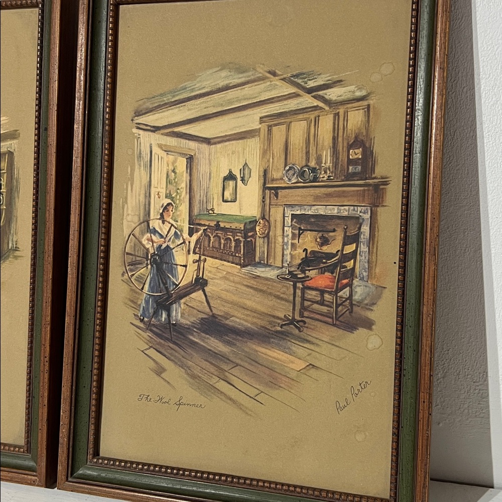 Vintage Framed Art Prints with Spinning Wheel Scenes by Paul Porter. - Picture 4 of 7